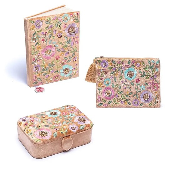 Set Notitieboek - Etui - Opbergdoos Fluweel Beige - Bloemen 20x15x9cm