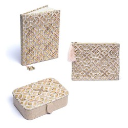 Set Notitieboek - Etui - Opbergdoos Fluweel Beige-Goud - Bloem Des Levens 20x15x9cm