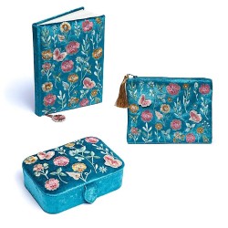 Set Notitieboek - Etui - Opbergdoos Fluweel Blauw - Bloemen 20x15x9cm