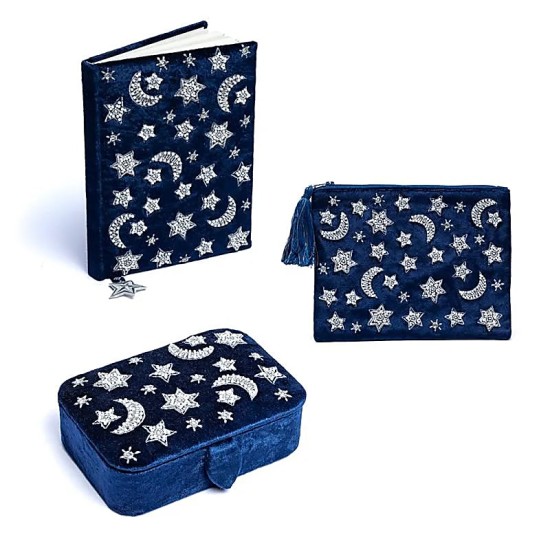 Set Notitieboek - Etui - Opbergdoos Fluweel Donkerblauw - Maan En Sterren 20x15x9cm