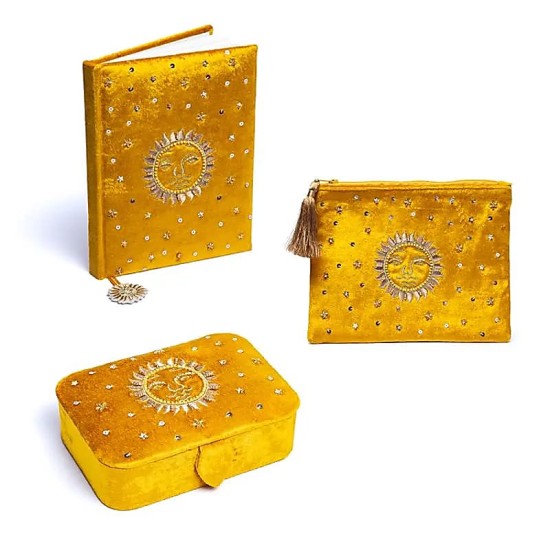 Set Notitieboek - Etui - Opbergdoos Fluweel Geel - Zon 20x15x9cm