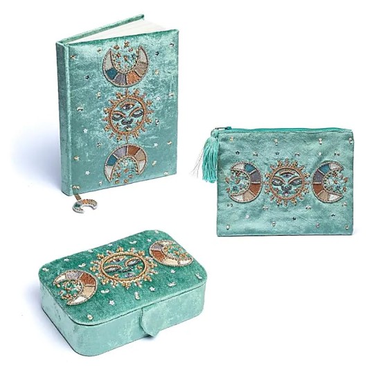 Set Notitieboek - Etui - Opbergdoos Fluweel Mint - Maanfasen 20x15x9cm