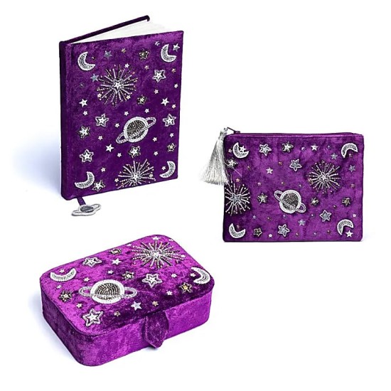 Set Notitieboek - Etui - Opbergdoos Fluweel Paars - Galaxy 20x15x9cm