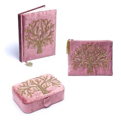 Set Notitieboek - Etui - Opbergdoos Fluweel Roze - Levensboom 20x15x9cm