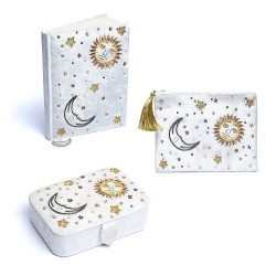 Set Notitieboek - Etui - Opbergdoos Fluweel Wit - Zon En Maan 20x15x9cm