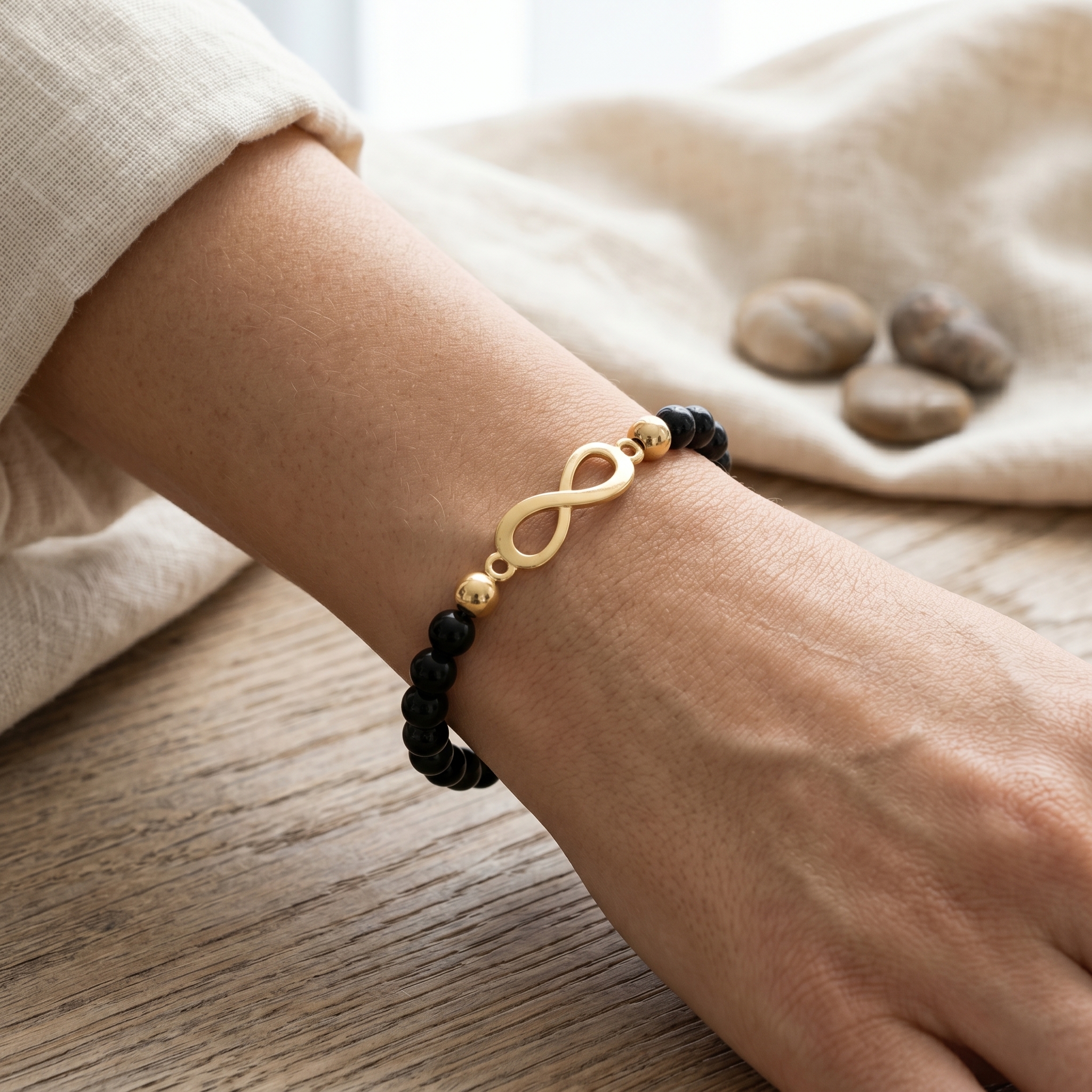 Armband Edelsteen Zwarte Toermalijn - Infinity Symbool 4–6mm Kralen - Afbeelding 2