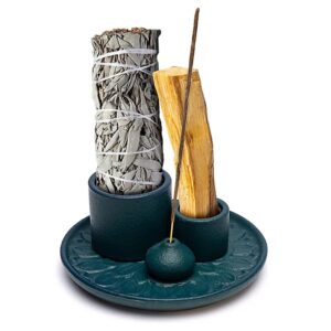 Keramische palo santo smudge wierook brander bloemmotief petrol 13x6cm