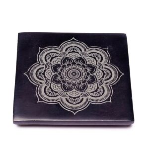 Wierookhouder Zeepsteen Zwart Met Mandala 10cm Set 3 stuks